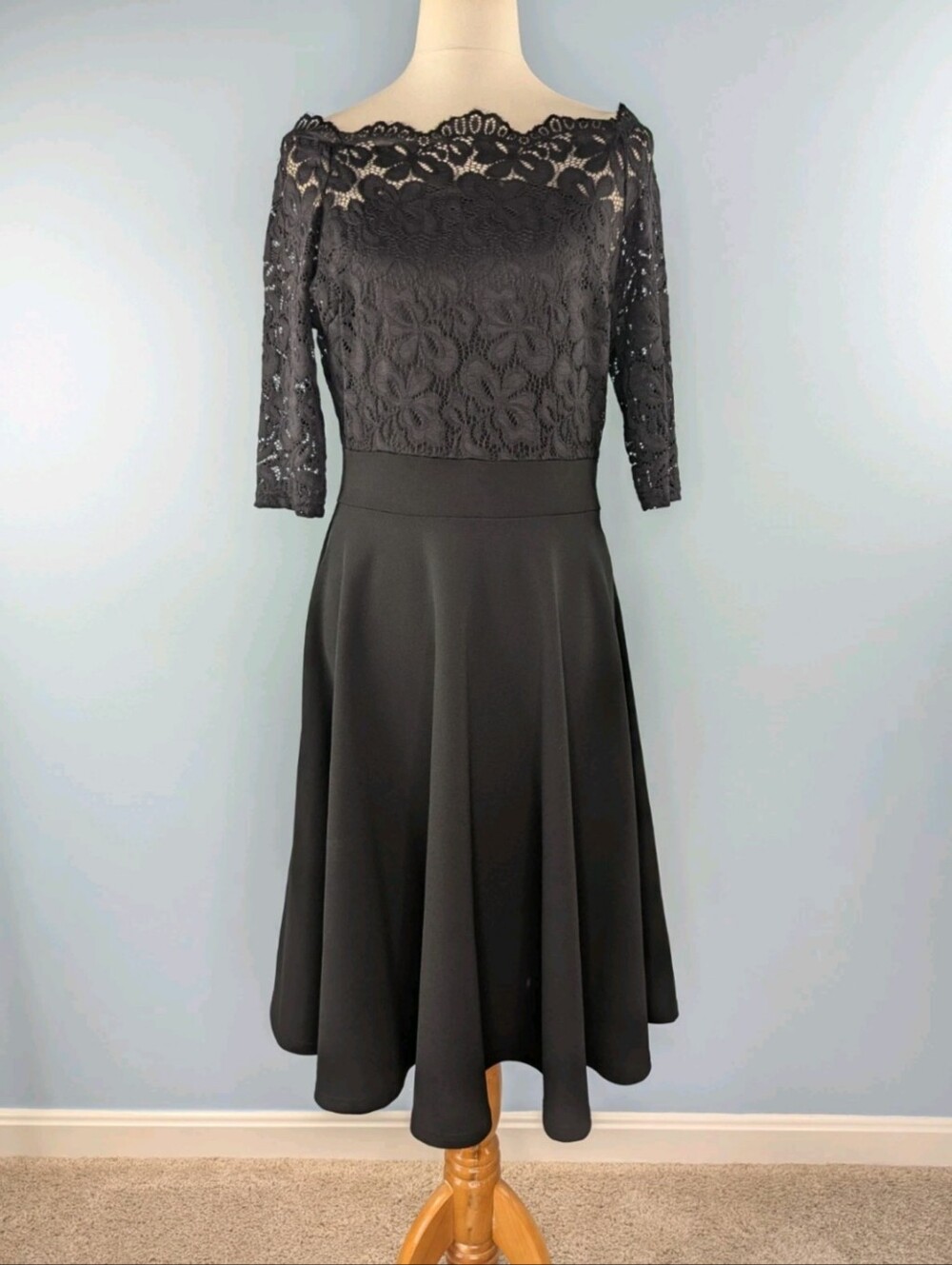 Women's Floral Lace Half Sleeve Boat Neck Formal Swing Dress Extra Large